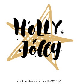 Holly jolly. Card with hand drawn lettering.Vector illustration.