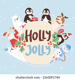 Holly Jolly cartoon animals and Christmas vector illustration. Santa claus, penguins, dog with horns, polar bear, and snowman with holly jolly typography for poster, flyer, banner, greeting card design.