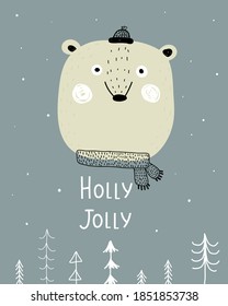 Holly jolly. cartoon bear, hand drawing lettering, decor elements on a neutral background. holiday theme. Colorful vector illustration, flat style. design for greeting cards, print, poster