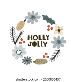 holly jolly. Cartoon christmas frame, hand drawing lettering, décor elements. holiday theme. Colorful vector illustration, flat style. design for greeting cards, print, poster