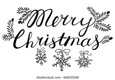 Holly Jolly Christmas calligraphic lettering. New Year background with hand drawn  black and white letters and pine tree with snowflakes. Design element for greeting cards, winter posters and t-shirts