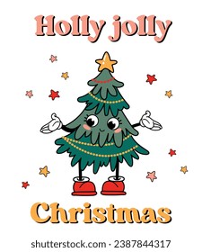 Holly jolly Christmas card. Cute Christmas tree in retro style.