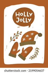 Holly jolly. Christmas card. Hand drawn illustration in cartoon style. Cute concept for xmas. Illustration for the design postcard, textiles, apparel, decor
