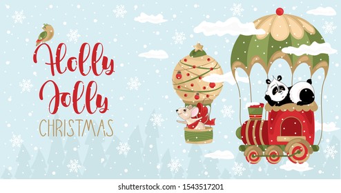 Holly Jolly Christmas card with Mouse and Panda on a balloon. Handwritten Happy New Year greetings. Vector illustration.