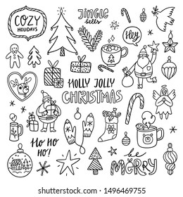 Holly Jolly Christmas cartoon outline doodles, black and white clip art, isolated on white background