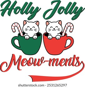 Holly Jolly Christmas Cats in Mugs with Candy Canes Meow-ments