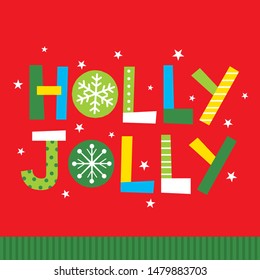 holly jolly christmas greeting card on red color background