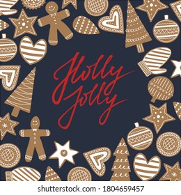 Holly Jolly christmas greeting card. Typography design for bright holiday celebration in gingerbread cookie round frame. Handwriting xmas font.