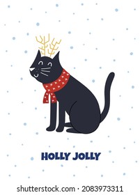 Holly Jolly Christmas greeting card with a cute cat in reindeer antler. Winter print with funny feline character, us letter format 8.5x11.  Vector illustration