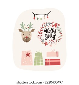 Holly Jolly - Christmas greeting card design. Vector illustration.