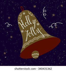 Holly Jolly. Christmas inspirational quote. Elegant Ink hand lettering, isolated on gold background. Typographical Backdrop. Postcard, poster, flyer, T-shirt & textile design. Vector illustration.