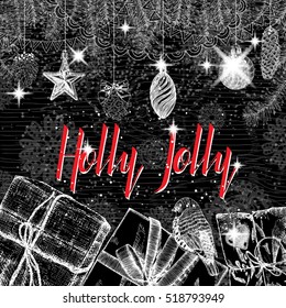 Holly Jolly,  Christmas and New Year greeting card with calligraphy. Hand drawn traditional holiday design elements with handwritten modern brush lettering. Vector.