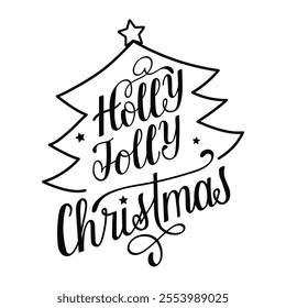 Holly Jolly Christmas in playful and elegant hand drawn letters for holiday celebrations. Calligraphy handwritten black lettering of festive spirit to winter holidays. Tree and stars decoration