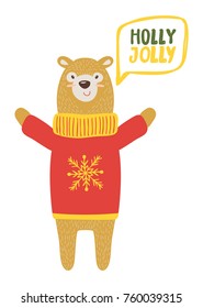 Holly Jolly congratulation icon from bear in sweater with knitted snowflake isolated on white background. Vector illustration with animal in warm clothes