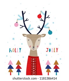 Holly Jolly. Creative hand drawn card for winter holidays with cute deer. Vector cartoon illustration. Hand drawn typography poster. Xmas design. Bright colors