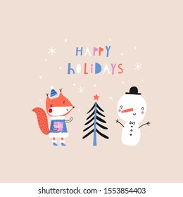 Holly Jolly. Creative hand drawn card for winter holidays with cute snowman and squirrel. Vector cartoon illustration. Hand drawn typography poster. Xmas design. Bright colors: orange, pink and blue