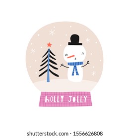 Holly Jolly. Creative hand drawn card for winter holidays with snow globe. Vector cartoon illustration. Hand drawn typography poster. Xmas design. Bright colors: orange, pink and blue