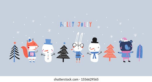 Holly Jolly. Creative hand drawn card for winter holidays with cute animals. Vector cartoon illustration. Hand drawn typography poster. Xmas design. Bright colors: orange, pink and blue