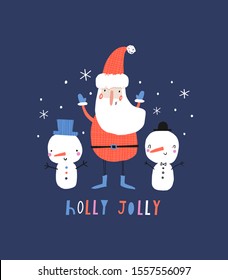 Holly Jolly. Creative hand drawn card for winter holidays with Santa Clause. Vector cartoon illustration. Hand drawn typography poster. Xmas design. Bright colors: orange, pink and blue