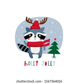 Holly Jolly. Creative hand drawn card for winter holidays with cute racoon. Vector cartoon illustration. Hand drawn typography poster. Xmas design. Bright colors