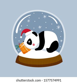 Holly Jolly. Creative hand drawn card for winter holidays with cute sleeping panda. Vector cartoon illustration. Hand drawn typography poster. Xmas design. Bright colors