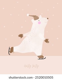 Holly Jolly. Funny Vector Print with Hand Drawn Polar Bear Skating. Cute White Bear on Ice Skates Playing Outside. Happy Teddy Bear on a Blush Pink Background.  Kids' Room Decoration. Winter Time.RGB.