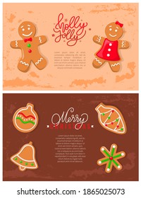 Holly jolly gingerbread cookies made of ginger vector. Festive decoration cone biscuits, bell and cone star shaped dessert baubles ball toy posters