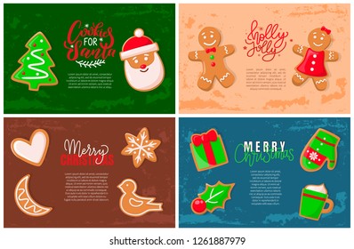 Holly jolly gingerbread man, Santa Claus cookie vector. Presents with bow shape, bird and stars, moon and heart, pine and mistletoe mitten and mug