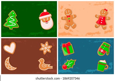 Holly jolly gingerbread man, Santa Claus cookie vector. Presents with bow shape, bird and stars, moon and heart, pine and mistletoe mitten and mug