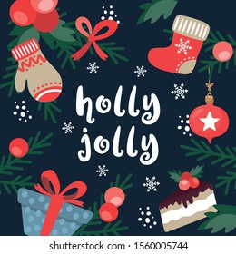 Holly Jolly greeting card. Christmas boxes, red sock, trees and hand drawn lettering. Postcard or invitation template. Happy new year. Christmas concept for invitation and party.