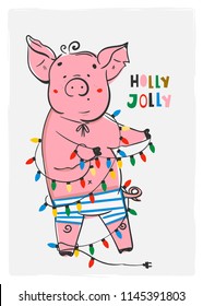 Holly jolly greeting card. Cute little piggy with garland. Colored vector illustration