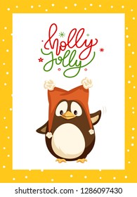 Holly Jolly greeting card in frame and penguin winter character in warm hat with two pompons greeting everyone by wing. Vector cartoon animal in red cap