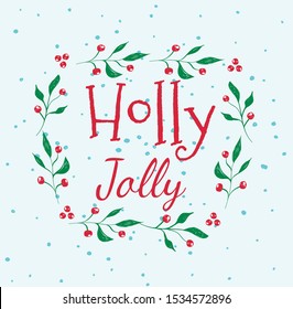 Holly Jolly Greeting Card or Poster with Creative Typography inside of Wreath Made of Berries and Green Leaves with Snowfall and Snowflakes Falling Down Cartoon Flat Vector Illustration, Square Banner