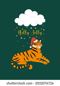 Holly Jolly greeting card. Vector illustration in trendy flat style with a cartoon orange tiger in Santa hat, lying under the snowing cloud. Isolated on dark green background.
