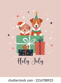 Tarjeta de saludo de Holly Jolly. Ilustración de dibujos animados con dos adorables cachorros de dibujos animados con disfraces navideños mirando desde detrás de cajas de regalos. Aislado en segundo plano