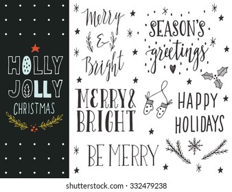 Holly Jolly. Hand drawn Christmas holiday collection with lettering and decoration elements for greeting cards, stationary, gift tags, scrapbooking, invitations.