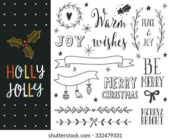 Holly Jolly. Hand Drawn Christmas Holiday Collection With Lettering And Decoration Elements For Greeting Cards, Stationary, Gift Tags, Scrapbooking, Invitations.