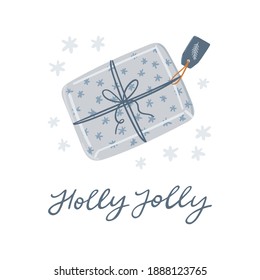 Holly jolly hand drawn greeting card. Christmas gift vector illustration, calligraphy quote