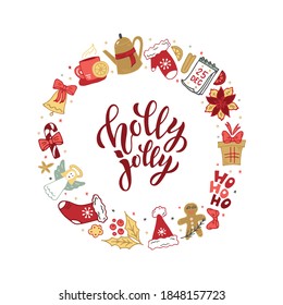 Holly Jolly hand lettering and round frame of Christmas symbols: holly, candy cane, bell. Modern brush calligraphy. Design for greeting postcard, poster, banner. Vector holiday illustration, doodle