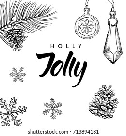 Holly Jolly! Hand written lettering and hand drawn christmas doodle.