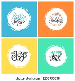 Holly Jolly, happy New Year holidays, Joy and Merry Christmas lettering doodles, typography fonts for greeting cards and postcards, vector color frames