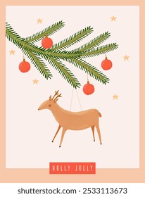 Holly Jolly. Infantile Drawing-like Christmas Card. Winter Holidays Greeting Card With Fir Branches, Red Baubles and Reindeer. Christmas Tree on a Beige Background. Cute Hand Drawn Xmas Print. RGB.