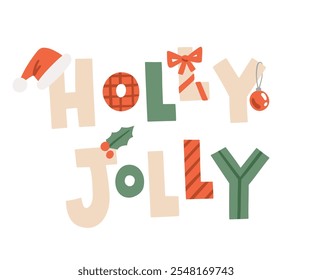 Holly Jolly lettering illustration. Cute typography. Template for Christmas or New Year greeting card. Winter holiday poster design. Isolated vector illustration.