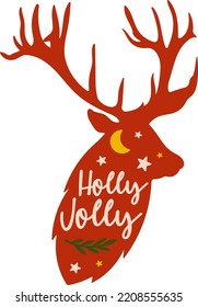 Holly Jolly lettering quote. Christmas reindeer head silhouette vector clipart