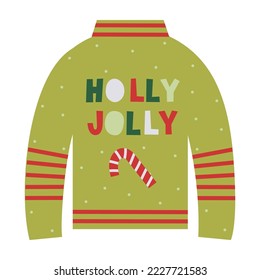 Holly jolly lettering quote with Xmas cane on ugly sweater. Christmas greeting card with wishes. Cozy warm winter concept. Vector flat illustration.