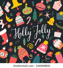 Holly jolly lettering writing on a colorful christmas card with cute doodles and illustrations. Vector design template for greeting card, banner or social medial post. Pre-made hand drawn artwork.