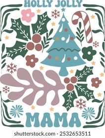 Holly Jolly Mama Christmas Retro Boho Floral Christmas Tree T Shirt Design