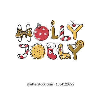 Holly Jolly marker lettering. Handwritten typography print with chrismas symbols. Hand drawn retro decorative design element for cards, posters, banners. Flat cute cartoon vector illustration