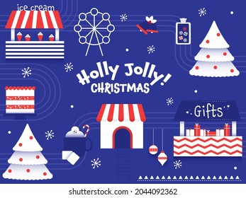 Holly Jolly Merry Christmas Celebration Background With Ice Cream Shop, Xmas Tree, Gift Boxes, Jingle Bell And Ferris Wheel.