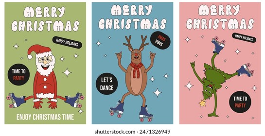 Holly Jolly Merry Christmas greeting Card set in trendy Cartoon style. Collection XMAS Posters Covers design with Funky Groovy santa, reindeer  Christmas tree. Vector illustration. Editable stroke. 